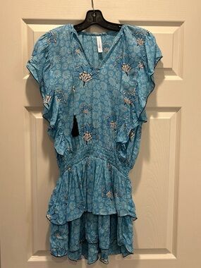 Light Blue Floral Ruffle Mini Dress with Tassel Tie